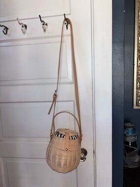 Woven Straw Bucket Crossbody Bag - Tan